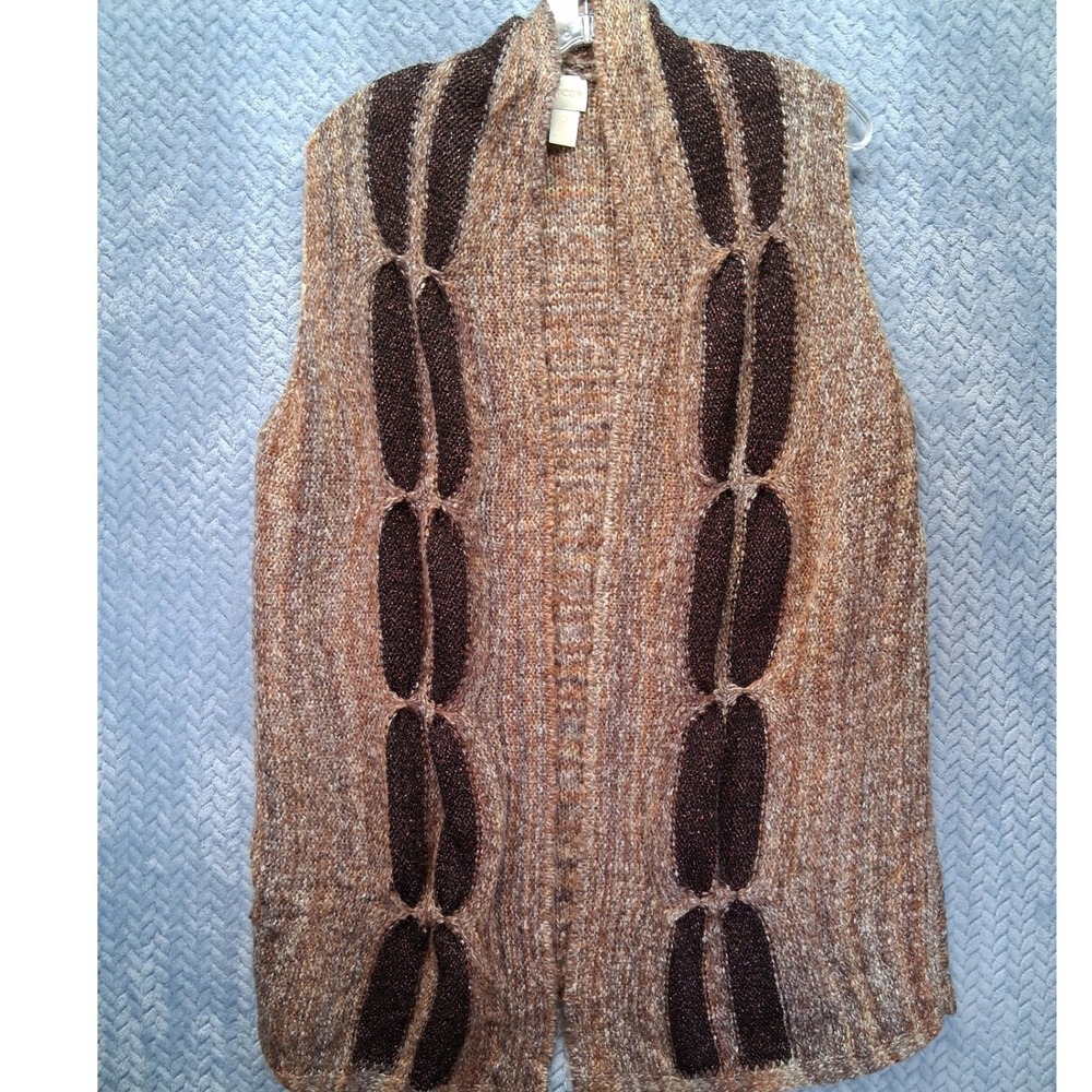Chicos Brown Marled Metallic Open Front Knit Vest Shawl Collar Size 2 Large